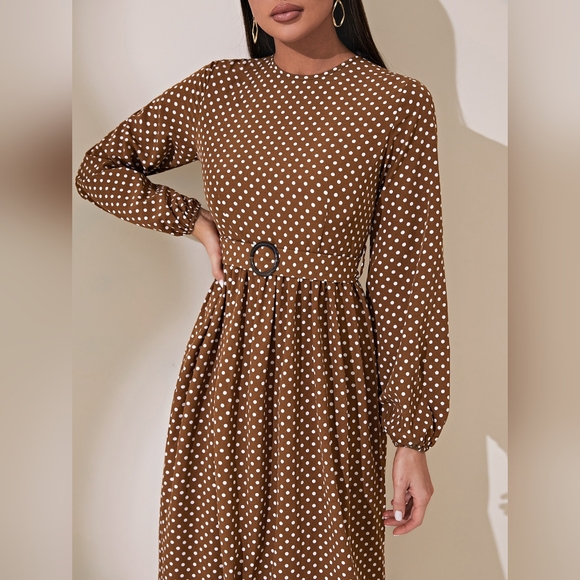 Polka Dot Print Lantern Sleeve Belted Dress - Picture 3 of 4